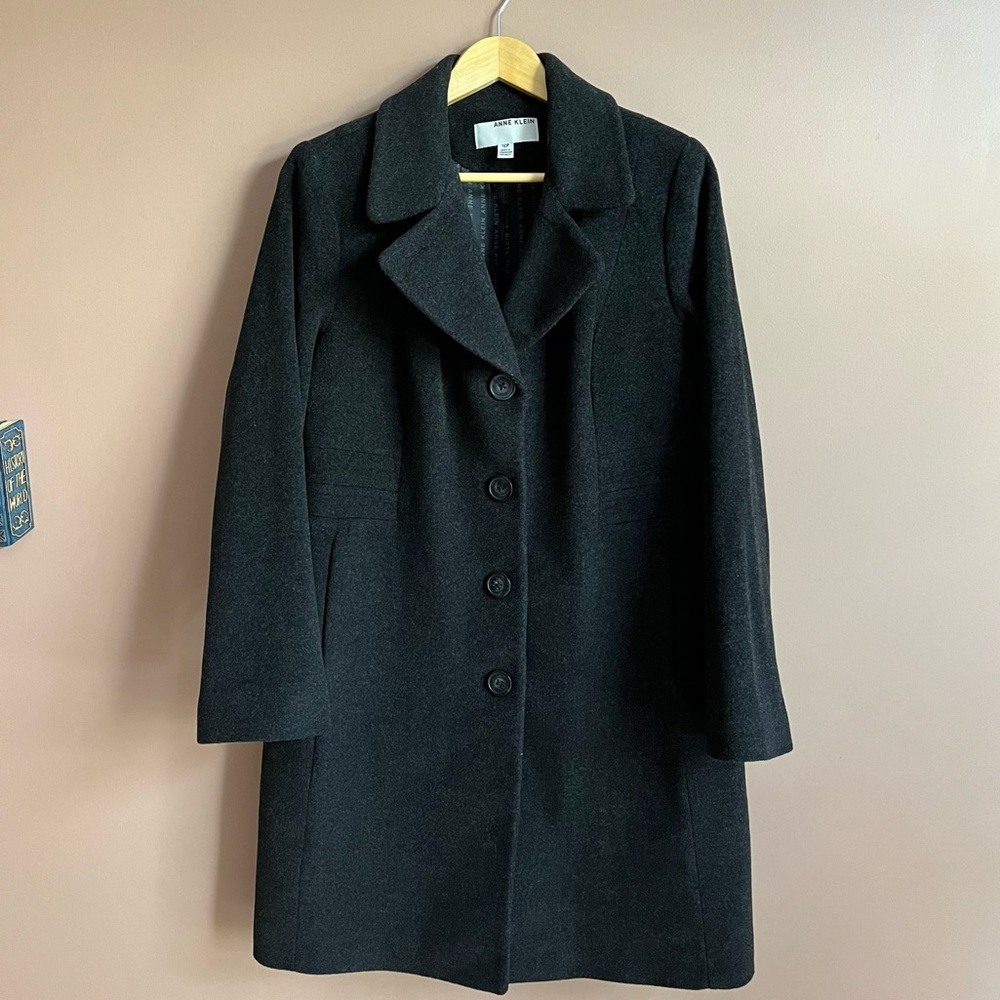 Ann Klein women’s black mid wool coat with notch collar